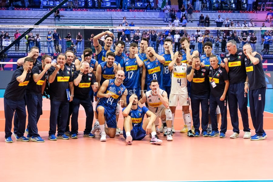 Italy celebrates during the Italy vs Denmark match at Final Eight of the CEV Enel EuroVolley 2026 Men at PalaVela in Turin, Italy, on September 20, 2026. Italy wins the match against Denmark with a score 3-0