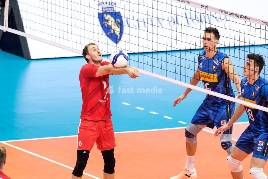 Rasmus Mikelsons of Denmark during the Italy vs Denmark match at Final Eight of the CEV Enel EuroVolley 2026 Men at PalaVela in Turin, Italy, on September 20, 2026. Italy wins the match against Denmark with a score 3-0