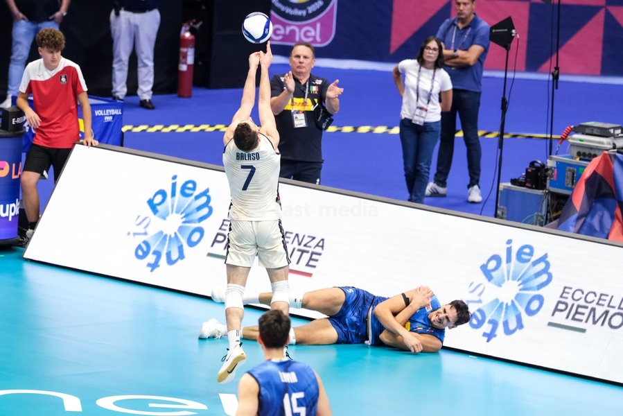 Fabio Balaso of the Italy (L) and Alessandro Michieletto of the Italy (R) during the Italy vs Denmark match at Final Eight of the CEV Enel EuroVolley 2026 Men at PalaVela in Turin, Italy, on September 20, 2026. Italy wins the match against Denmark with a score 3-0