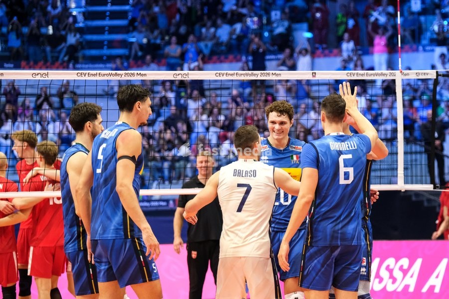 Italy celebrates during the Italy vs Denmark match at Final Eight of the CEV Enel EuroVolley 2026 Men at PalaVela in Turin, Italy, on September 20, 2026. Italy wins the match against Denmark with a score 3-0
