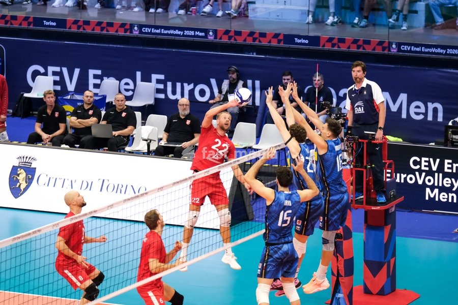 Oskar Kjerstein Madsen of Denmark (L) during the Italy vs Denmark match at Final Eight of the CEV Enel EuroVolley 2026 Men at PalaVela in Turin, Italy, on September 20, 2026. Italy wins the match against Denmark with a score 3-0