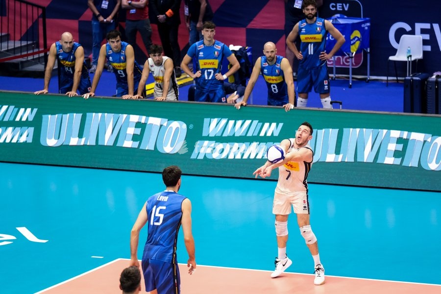 Fabio Balaso of the Italy during the Italy vs Denmark match at Final Eight of the CEV Enel EuroVolley 2026 Men at PalaVela in Turin, Italy, on September 20, 2026. Italy wins the match against Denmark with a score 3-0