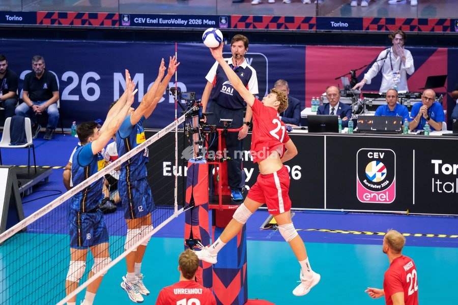 Mads Kyed Jensen of Denmark (R) during the Italy vs Denmark match at Final Eight of the CEV Enel EuroVolley 2026 Men at PalaVela in Turin, Italy, on September 20, 2026. Italy wins the match against Denmark with a score 3-0