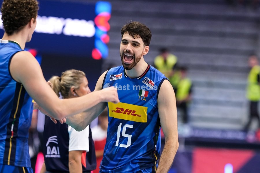 Daniele Lavia of the Italy during the Italy vs Denmark match at Final Eight of the CEV Enel EuroVolley 2026 Men at PalaVela in Turin, Italy, on September 20, 2026. Italy wins the match against Denmark with a score 3-0