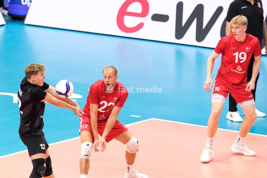 Jonas Enemark Petersen of Denmark (L) and Oskar Kjerstein Madsen of Denmark (R) during the Italy vs Denmark match at Final Eight of the CEV Enel EuroVolley 2026 Men at PalaVela in Turin, Italy, on September 20, 2026. Italy wins the match against Denmark with a score 3-0