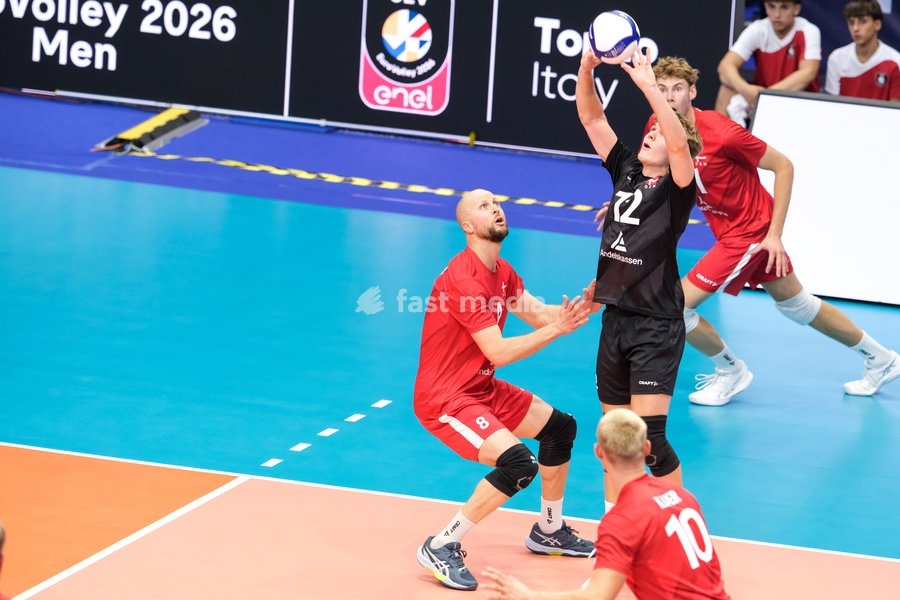 Jonas Enemark Petersen of Denmark during the Italy vs Denmark match at Final Eight of the CEV Enel EuroVolley 2026 Men at PalaVela in Turin, Italy, on September 20, 2026. Italy wins the match against Denmark with a score 3-0
