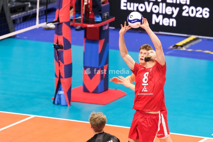 Axel Jacobsen of Denmark during the Italy vs Denmark match at Final Eight of the CEV Enel EuroVolley 2026 Men at PalaVela in Turin, Italy, on September 20, 2026. Italy wins the match against Denmark with a score 3-0