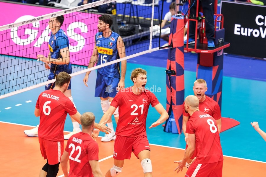 Denmark celebrates during the Italy vs Denmark match at Final Eight of the CEV Enel EuroVolley 2026 Men at PalaVela in Turin, Italy, on September 20, 2026. Italy wins the match against Denmark with a score 3-0