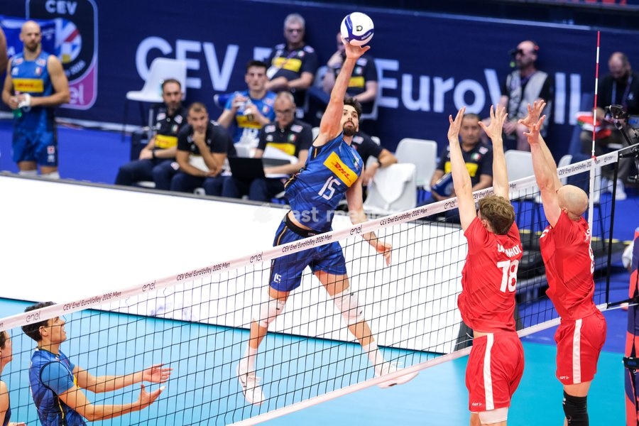 Daniele Lavia of the Italy during the Italy vs Denmark match at Final Eight of the CEV Enel EuroVolley 2026 Men at PalaVela in Turin, Italy, on September 20, 2026. Italy wins the match against Denmark with a score 3-0