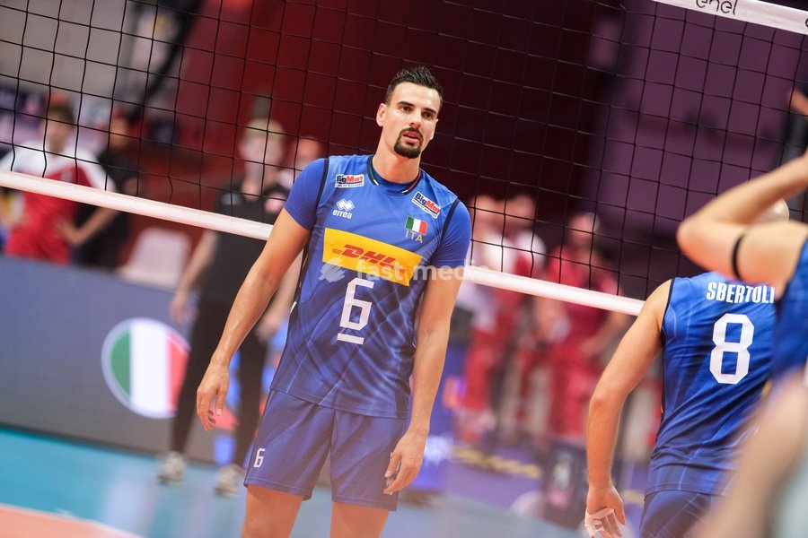 Simone Giannelli of the Italy during the Italy vs Denmark match at Final Eight of the CEV Enel EuroVolley 2026 Men at PalaVela in Turin, Italy, on September 20, 2026. Italy wins the match against Denmark with a score 3-0