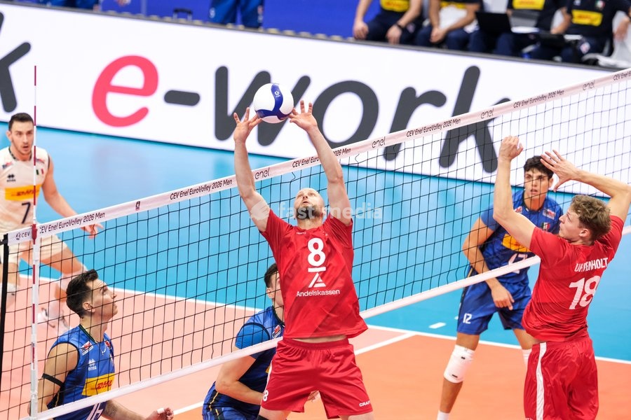 Axel Jacobsen of Denmark during the Italy vs Denmark match at Final Eight of the CEV Enel EuroVolley 2026 Men at PalaVela in Turin, Italy, on September 20, 2026. Italy wins the match against Denmark with a score 3-0