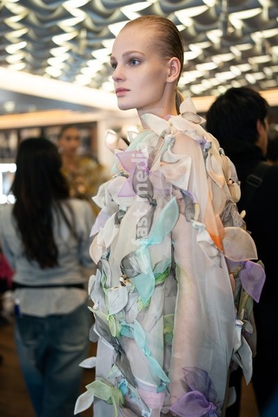 A model backstage at the Rory William Docherty Catwalk Show 2026 on September 20, 2026 in London, England