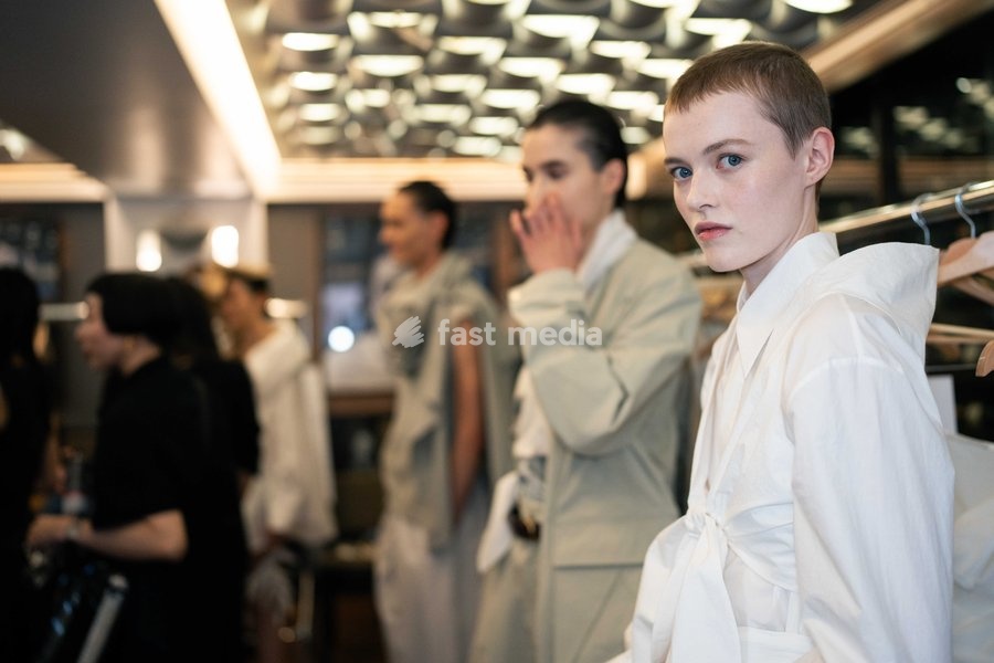 A model backstage at the Rory William Docherty Catwalk Show 2026 on September 20, 2026 in London, England