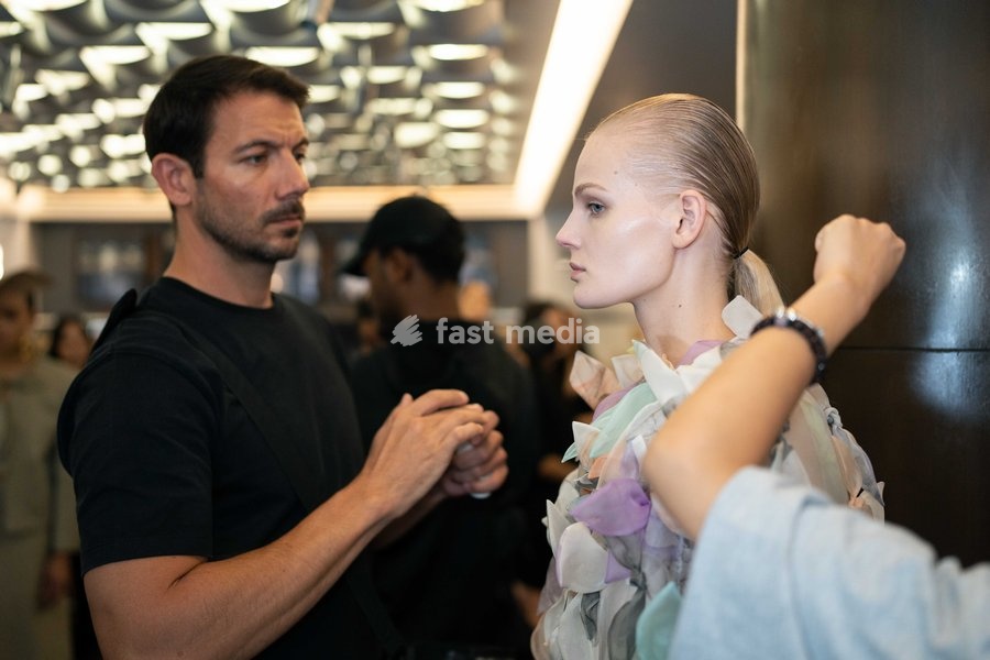 A model backstage at the Rory William Docherty Catwalk Show 2026 on September 20, 2026 in London, England
