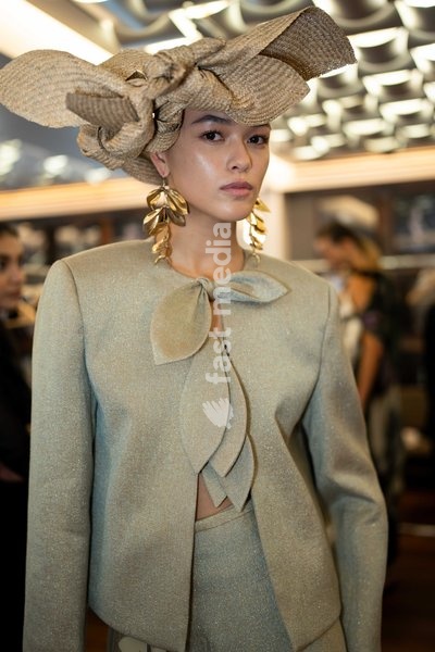 A model backstage at the Rory William Docherty Catwalk Show 2026 on September 20, 2026 in London, England