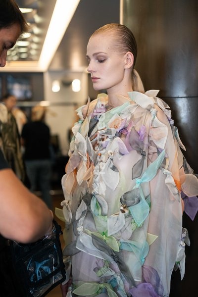 A model backstage at the Rory William Docherty Catwalk Show 2026 on September 20, 2026 in London, England