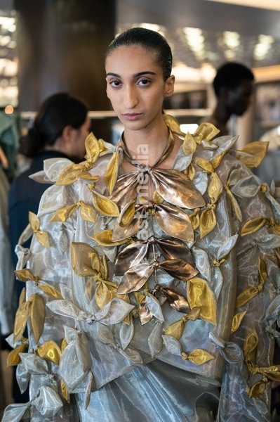 A model backstage at the Rory William Docherty Catwalk Show 2026 on September 20, 2026 in London, England