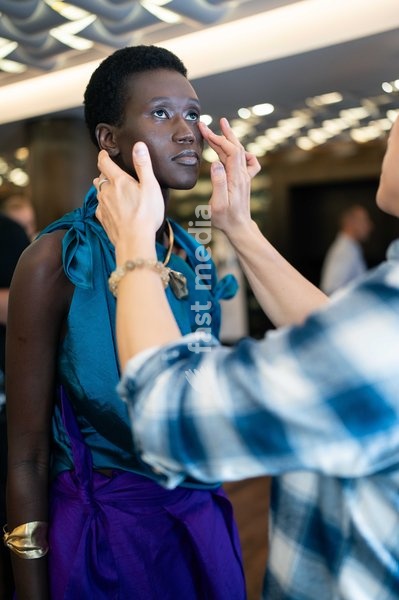 A model backstage at the Rory William Docherty Catwalk Show 2026 on September 20, 2026 in London, England