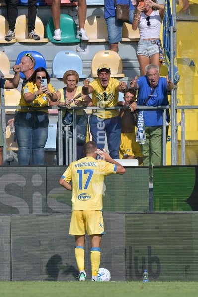 Giorgi Kvernadze of Frosinone celebrates scoring a goal for 2-0 during the match of Serie A Enilive Football Match between Frosinone vs Como at the Benito Stirpe Stadium on 20 September 2026 in Frosinone, Lazio. Frosinone vs Como 2-0