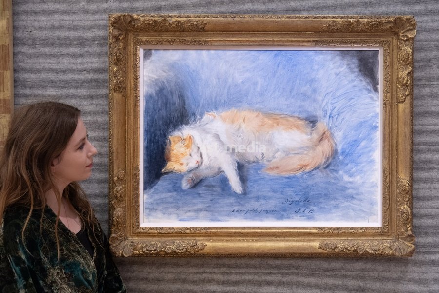 A staff member views 'Chat endormi' by Jacques Emile Blanche (est. £20k - £30k) which is to go on auction at Bonhams' 19th Century and British Impressionist Art Sale on 23rd September 2026 at Bonhams in London, England, UK on Monday 21 September, 2026