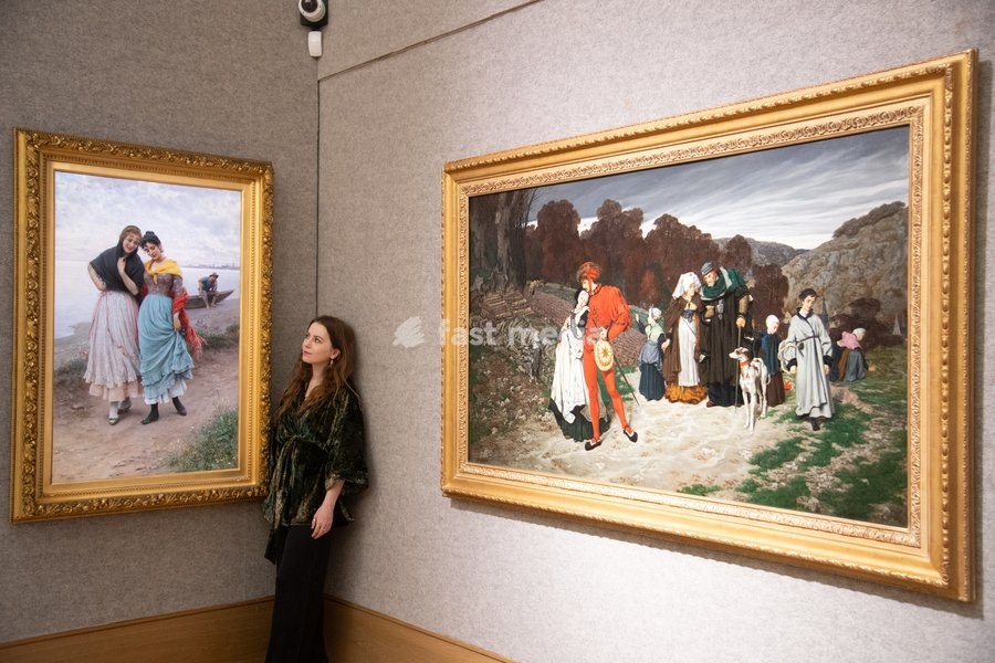 A staff member views 'Confidences' by Eugen von Blaas (est. £40k - £60k) and (R) - 'Départ du fiancé (Departure of the Betrothed)' by James Jacques Joseph Tissot (est. £150k - £250k) which is to go on auction at Bonhams' 19th Century and British Impressionist Art Sale on 23rd September 2026 at…