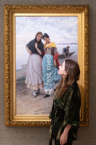 A staff member views 'Confidences' by Eugen von Blaas (est. £40k - £60k) which is to go on auction at Bonhams' 19th Century and British Impressionist Art Sale on 23rd September 2026 at Bonhams in London, England, UK on Monday 21 September, 2026