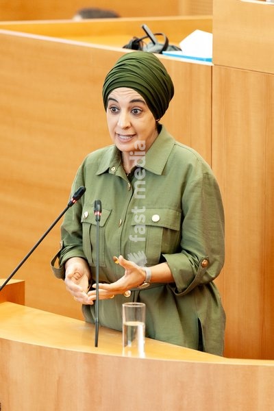 Ecolo Farida Tahar pictured during a plenary session of the Brussels Parliament in Brussels, Saturday 20 September 2025. Today is the so-called Rentree, the first plenary session after the summer holidays