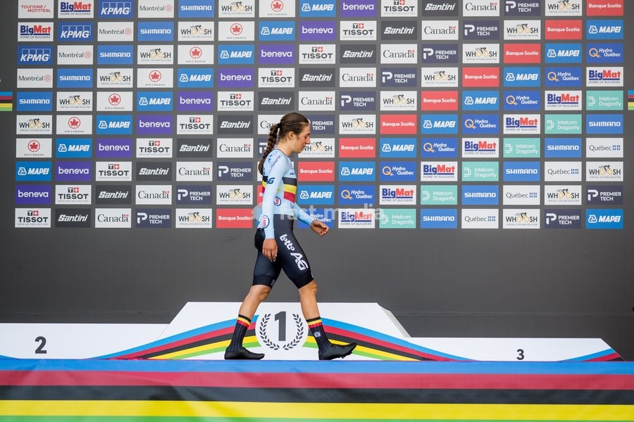 Belgian Luca Vierstraete , winner of the bronze medal pictured on the podium of the women's U23 individual time trial race (20,3km) at the cycling UCI Road World Championship, in Montreal, Canada, Monday 21 September 2026