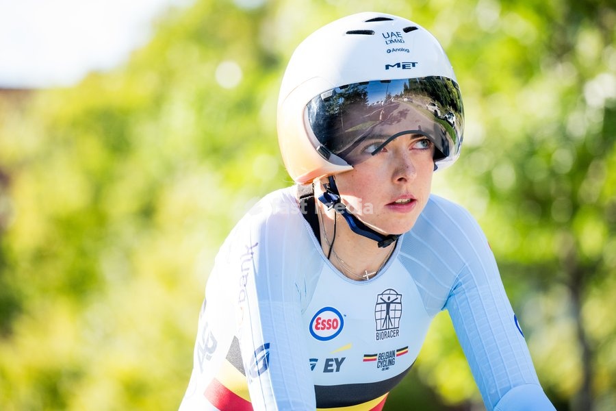 Belgian Febe Jooris is pictured in action during the women's U23 individual time trial race (20,3km) at the cycling UCI Road World Championship, in Montreal, Canada, Monday 21 September 2026