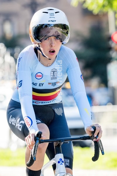 Belgian Febe Jooris pictured in action during the warming-up for the women's U23 individual time trial race (20,3km) at the cycling UCI Road World Championship, in Montreal, Canada, Monday 21 September 2026