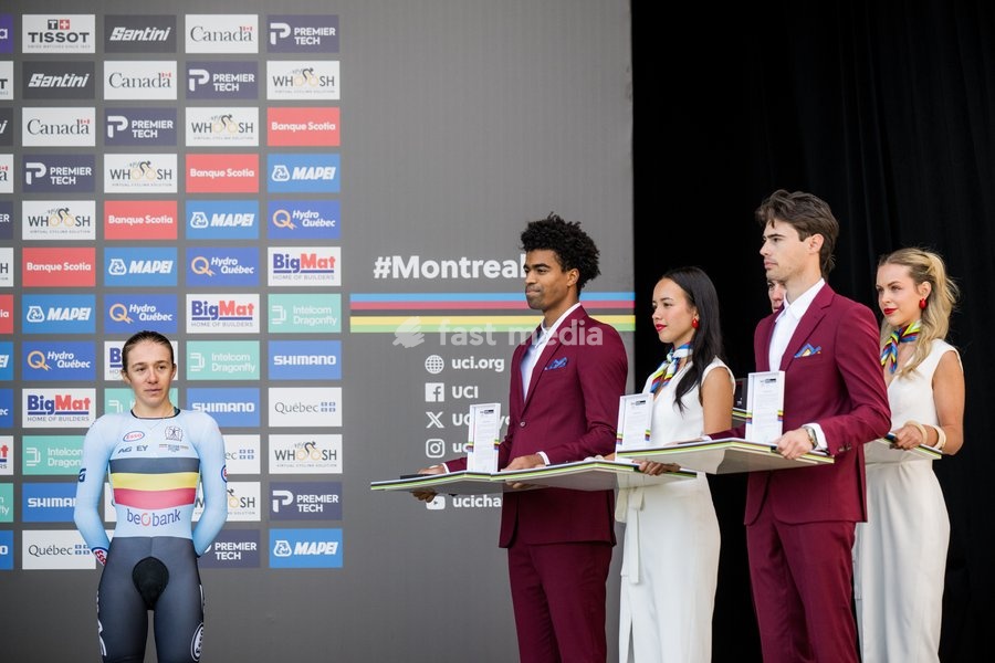 Belgian Luca Vierstraete , winner of the bronze medal pictured on the podium of the women's U23 individual time trial race (20,3km) at the cycling UCI Road World Championship, in Montreal, Canada, Monday 21 September 2026