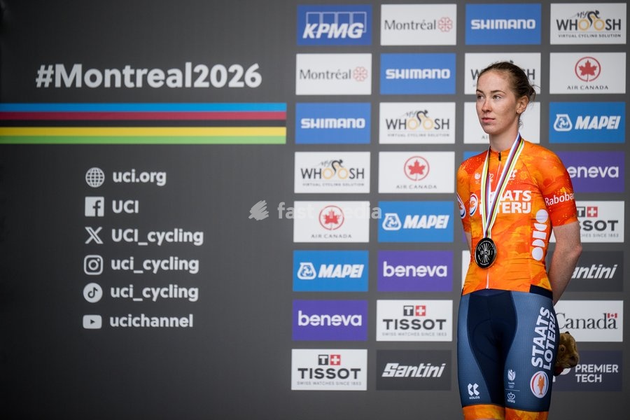 Dutch Nienke Vinke celebrate on the podium after the women's U23 individual time trial race (20,3km) at the cycling UCI Road World Championship, in Montreal, Canada, Monday 21 September 2026