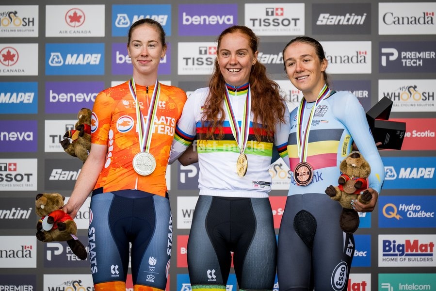 Dutch Nienke Vinke; Australian Felicity Wilson-Haffenden of Lidl-Trek and Belgian Luca Vierstraete celebrate on the podium after the women's U23 individual time trial race (20,3km) at the cycling UCI Road World Championship, in Montreal, Canada, Monday 21 September 2026