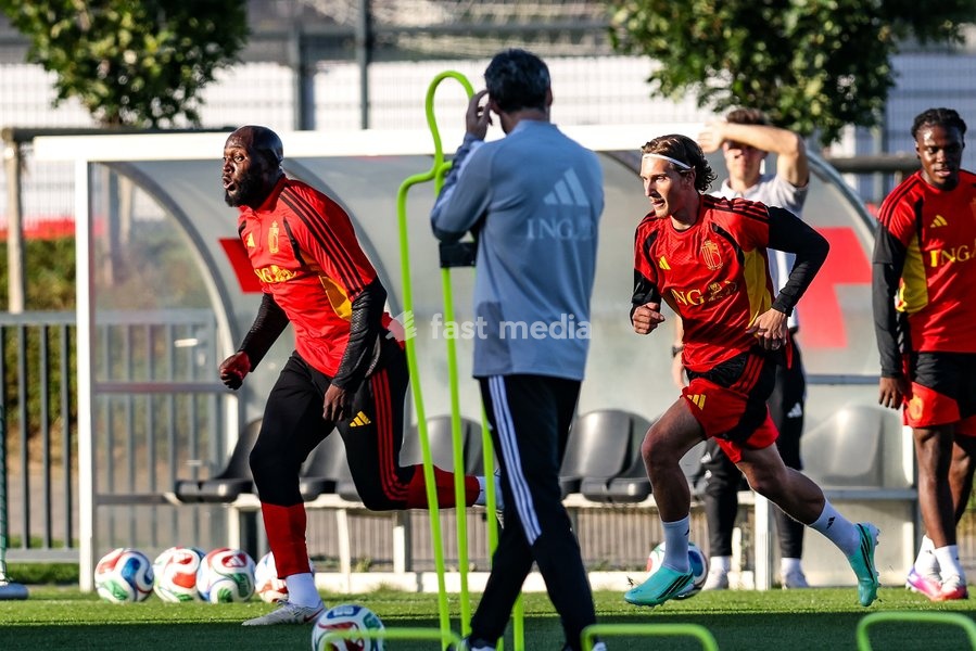 Belgium's Romelu Lukaku and Belgium's Mika Godts pictured during a training session of the Red Devils, the Belgian national soccer team, at the national training center in Tubize, Monday 21 September 2026. The team is preparing for fixtures in the UEFA Nations League competition