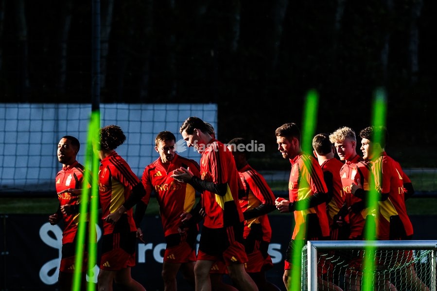 Belgium's players pictured during a training session of the Red Devils, the Belgian national soccer team, at the national training center in Tubize, Monday 21 September 2026. The team is preparing for fixtures in the UEFA Nations League competition