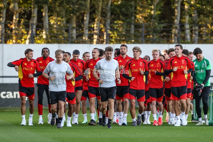 Belgium's players pictured during a training session of the Red Devils, the Belgian national soccer team, at the national training center in Tubize, Monday 21 September 2026. The team is preparing for fixtures in the UEFA Nations League competition