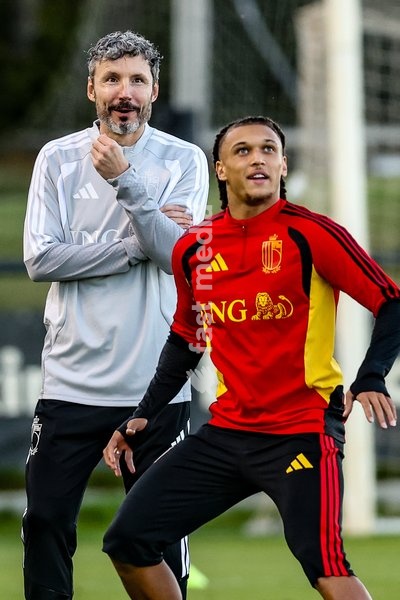 Belgium's Diego Da Silva Moreira and Belgium's head coach Mark van Bommel pictured during a training session of the Red Devils, the Belgian national soccer team, at the national training center in Tubize, Monday 21 September 2026. The team is preparing for fixtures in the UEFA Nations League…