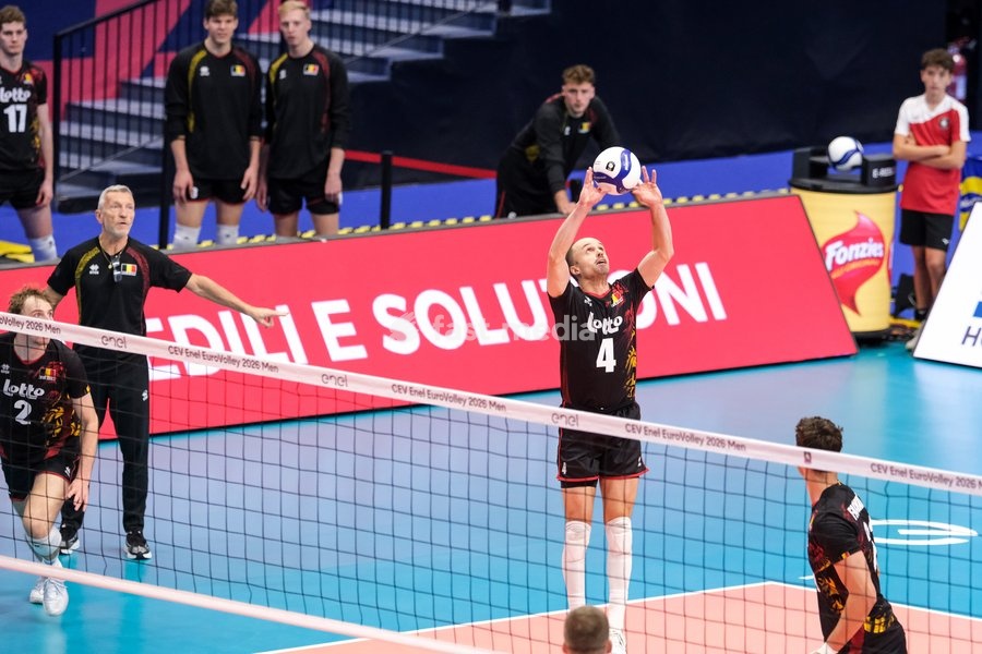 Stijn D'Hulst of Belgium during the Belgium vs Czechia match at Final Eight of the CEV Enel EuroVolley 2026 Men at PalaVela in Turin, Italy, on September 21, 2026. Belgium wins the match against Czechia with a score 3-1
