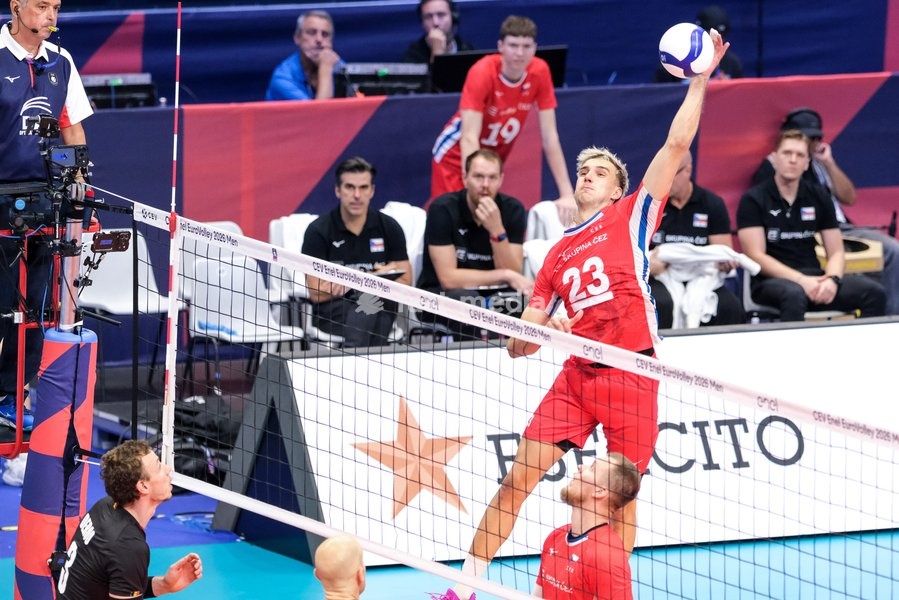 Patrik Indra of Czechia during the Belgium vs Czechia match at Final Eight of the CEV Enel EuroVolley 2026 Men at PalaVela in Turin, Italy, on September 21, 2026. Belgium wins the match against Czechia with a score 3-1