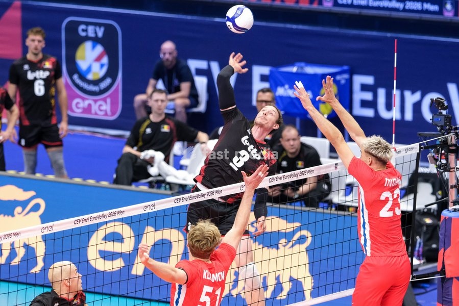 Sam Deroo of Belgium during the Belgium vs Czechia match at Final Eight of the CEV Enel EuroVolley 2026 Men at PalaVela in Turin, Italy, on September 21, 2026. Belgium wins the match against Czechia with a score 3-1