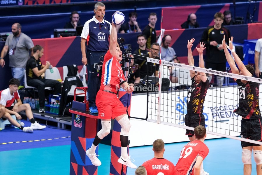 Lukáš Vašina of Czechia (L) during the Belgium vs Czechia match at Final Eight of the CEV Enel EuroVolley 2026 Men at PalaVela in Turin, Italy, on September 21, 2026. Belgium wins the match against Czechia with a score 3-1