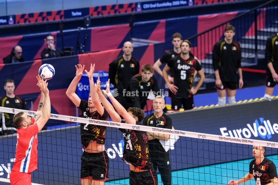 Jiri Benda of Czechia (L), Ferre Reggers of Belgium (C) and Samuel Fafchamps of Belgium (R) during the Belgium vs Czechia match at Final Eight of the CEV Enel EuroVolley 2026 Men at PalaVela in Turin, Italy, on September 21, 2026. Belgium wins the match against Czechia with a score 3-1