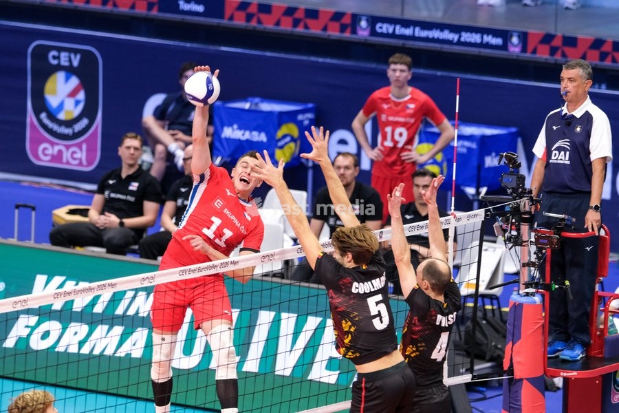 Lukáš Vašina of Czechia (L) during the Belgium vs Czechia match at Final Eight of the CEV Enel EuroVolley 2026 Men at PalaVela in Turin, Italy, on September 21, 2026. Belgium wins the match against Czechia with a score 3-1