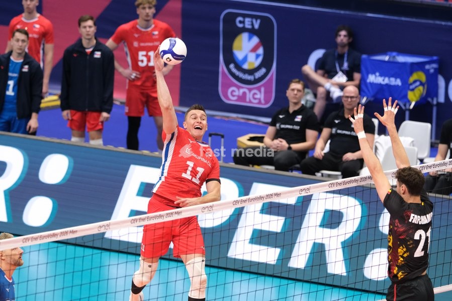 Lukáš Vašina of Czechia during the Belgium vs Czechia match at Final Eight of the CEV Enel EuroVolley 2026 Men at PalaVela in Turin, Italy, on September 21, 2026. Belgium wins the match against Czechia with a score 3-1