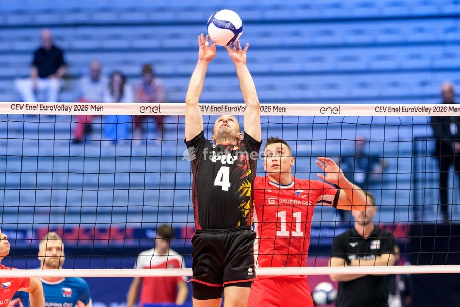 Stijn D'Hulst of Belgium (L) and Lukáš Vašina of Czechia (R) during the Belgium vs Czechia match at Final Eight of the CEV Enel EuroVolley 2026 Men at PalaVela in Turin, Italy, on September 21, 2026. Belgium wins the match against Czechia with a score 3-1