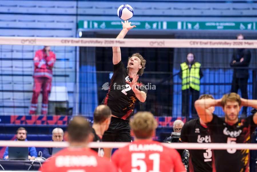 Ferre Reggers of Belgium during the Belgium vs Czechia match at Final Eight of the CEV Enel EuroVolley 2026 Men at PalaVela in Turin, Italy, on September 21, 2026. Belgium wins the match against Czechia with a score 3-1
