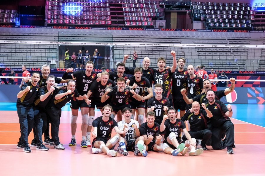 Belgium players exult during the Belgium vs Czechia match at Final Eight of the CEV Enel EuroVolley 2026 Men at PalaVela in Turin, Italy, on September 21, 2026. Belgium wins the match against Czechia with a score 3-1