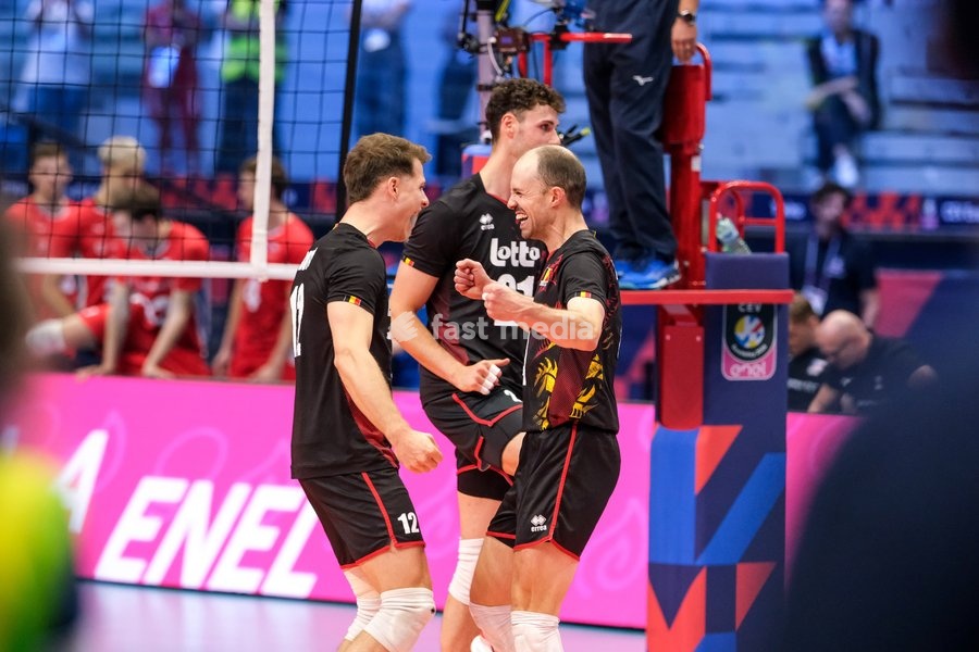 Belgium players exult during the Belgium vs Czechia match at Final Eight of the CEV Enel EuroVolley 2026 Men at PalaVela in Turin, Italy, on September 21, 2026. Belgium wins the match against Czechia with a score 3-1