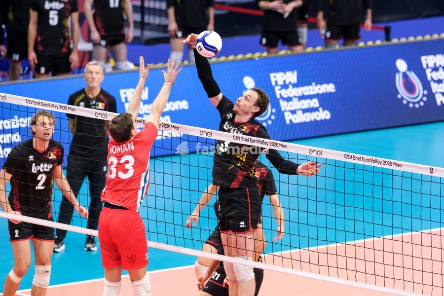 Sam Deroo of Belgium (R) and Odrej Roman of Czechia (L) during the Belgium vs Czechia match at Final Eight of the CEV Enel EuroVolley 2026 Men at PalaVela in Turin, Italy, on September 21, 2026. Belgium wins the match against Czechia with a score 3-1