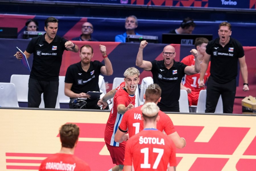 Patrik Indra of Czechia exults with his team during the Belgium vs Czechia match at Final Eight of the CEV Enel EuroVolley 2026 Men at PalaVela in Turin, Italy, on September 21, 2026. Belgium wins the match against Czechia with a score 3-1